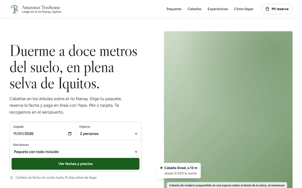 Vista de la web demo de Amazonas Treehouse Lodge