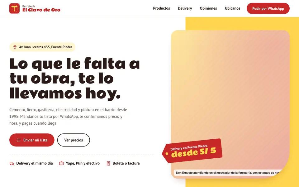 Vista de la web demo de Ferretería El Clavo de Oro