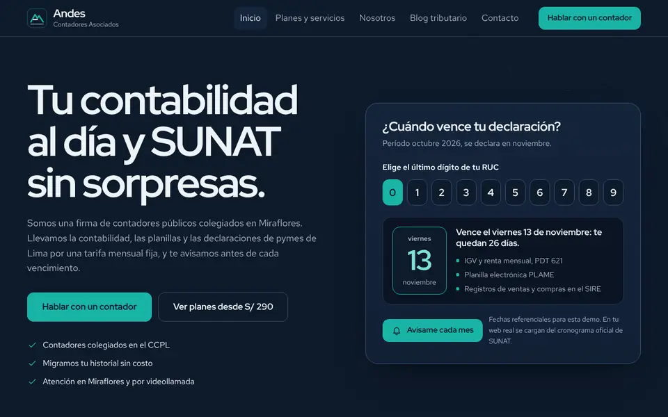 Vista de la web demo de Contadores Asociados Andes