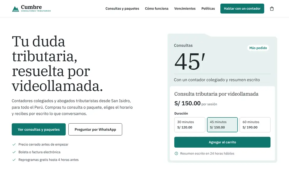 Vista de la web demo de Cumbre Consultores Tributarios