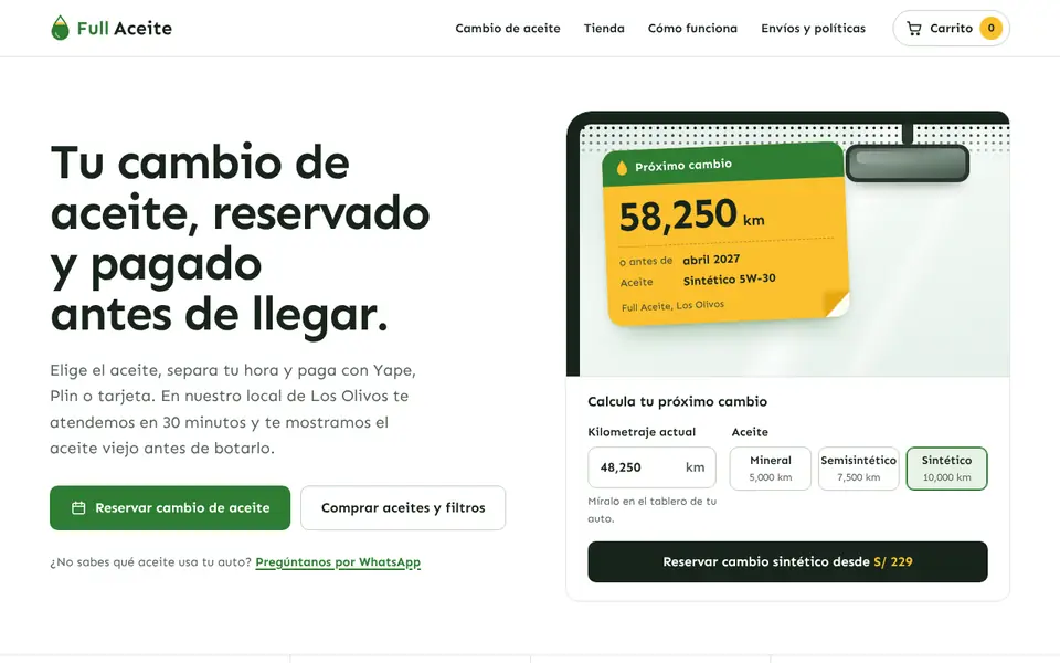 Vista de la web demo de Lubricentro Full Aceite