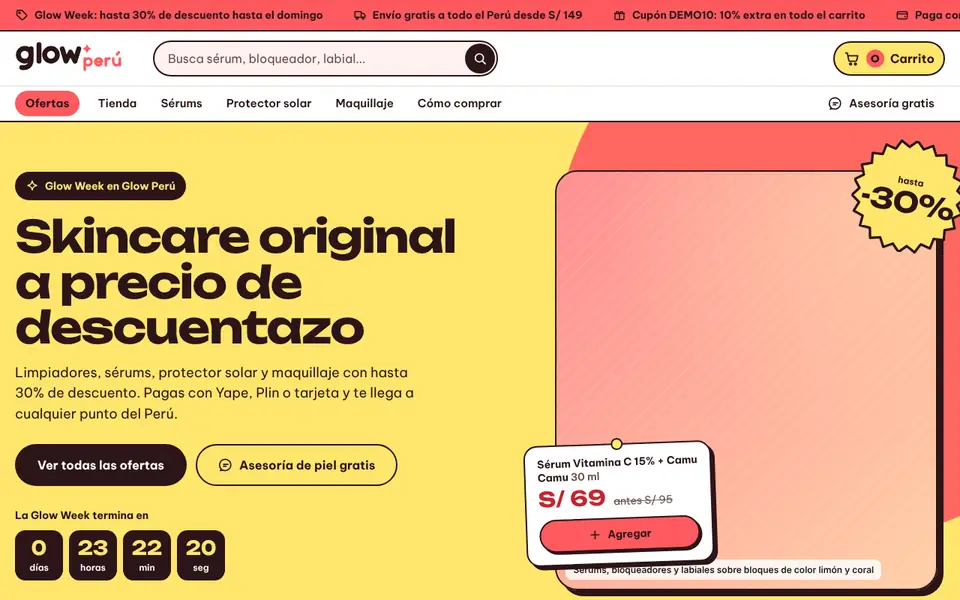Vista de la web demo de Glow Perú Cosmética