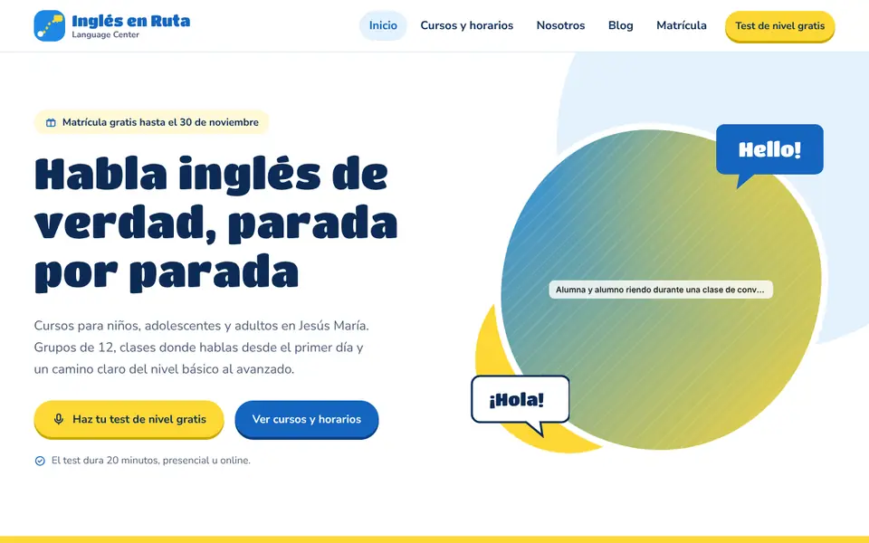 Vista de la web demo de Inglés en Ruta Language Center