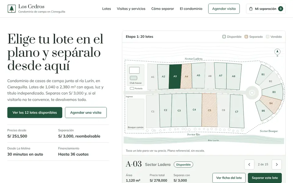 Vista de la web demo de Condominio Los Cedros