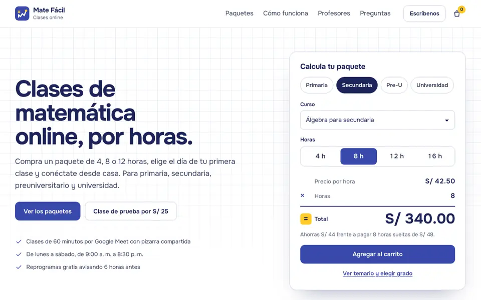 Vista de la web demo de Mate Fácil Clases Online