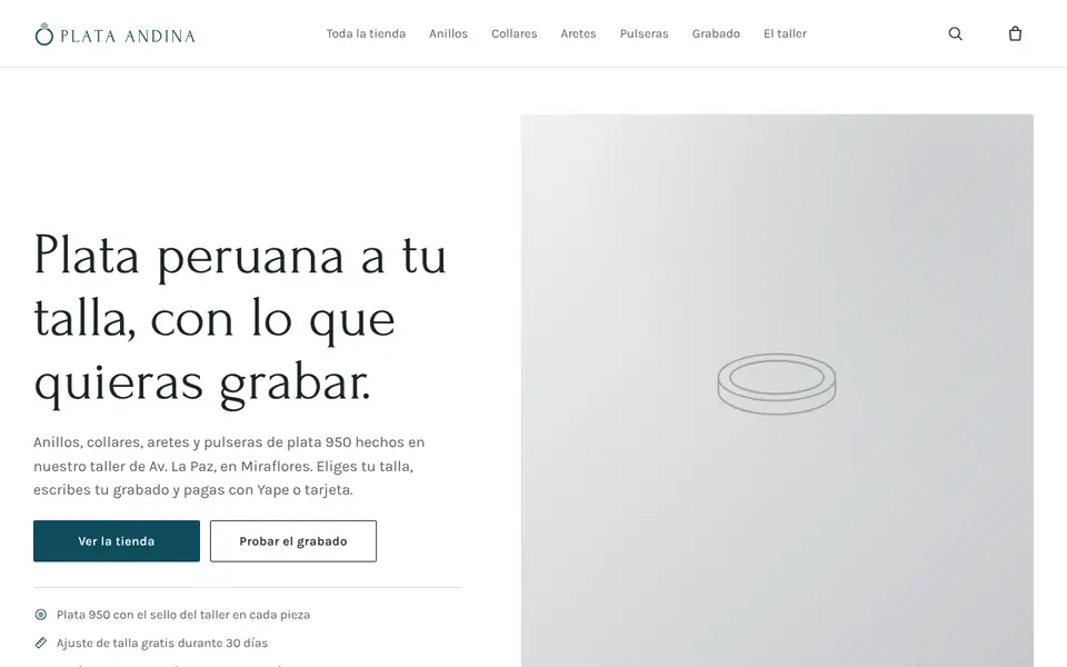 Vista de la web demo de Plata Andina Joyería