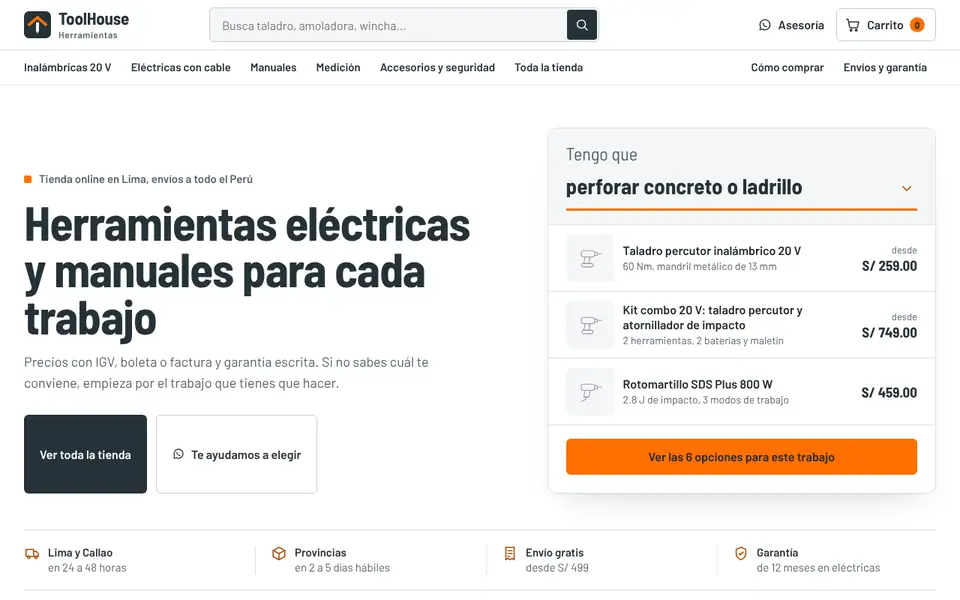 Vista de la web demo de ToolHouse Herramientas