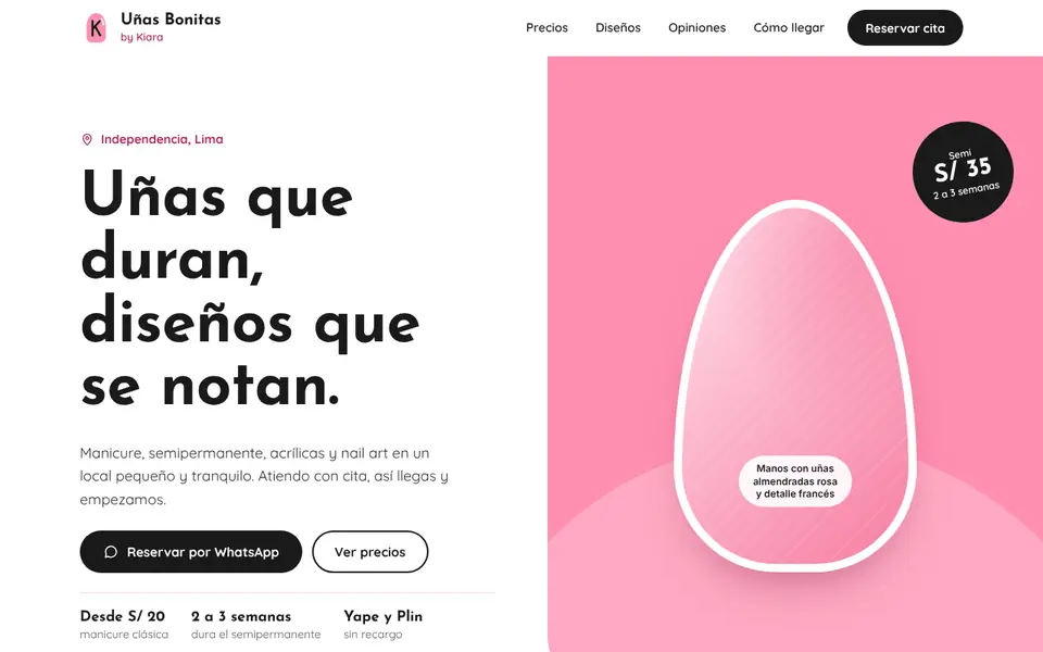 Vista de la web demo de Uñas Bonitas by Kiara